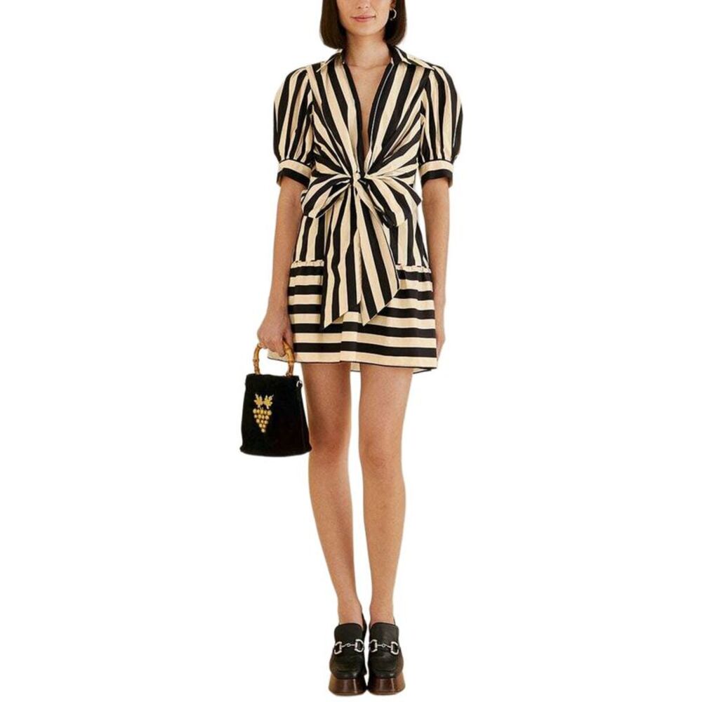 FARM Rio Black and Cream Striped Midi Dress